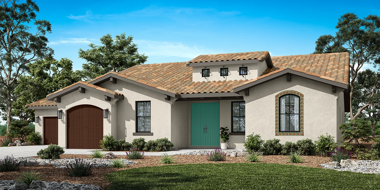 The Heirloom Spanish elevation — warm stucco exterior with arched entry, decorative tile accents, and clay tile roof