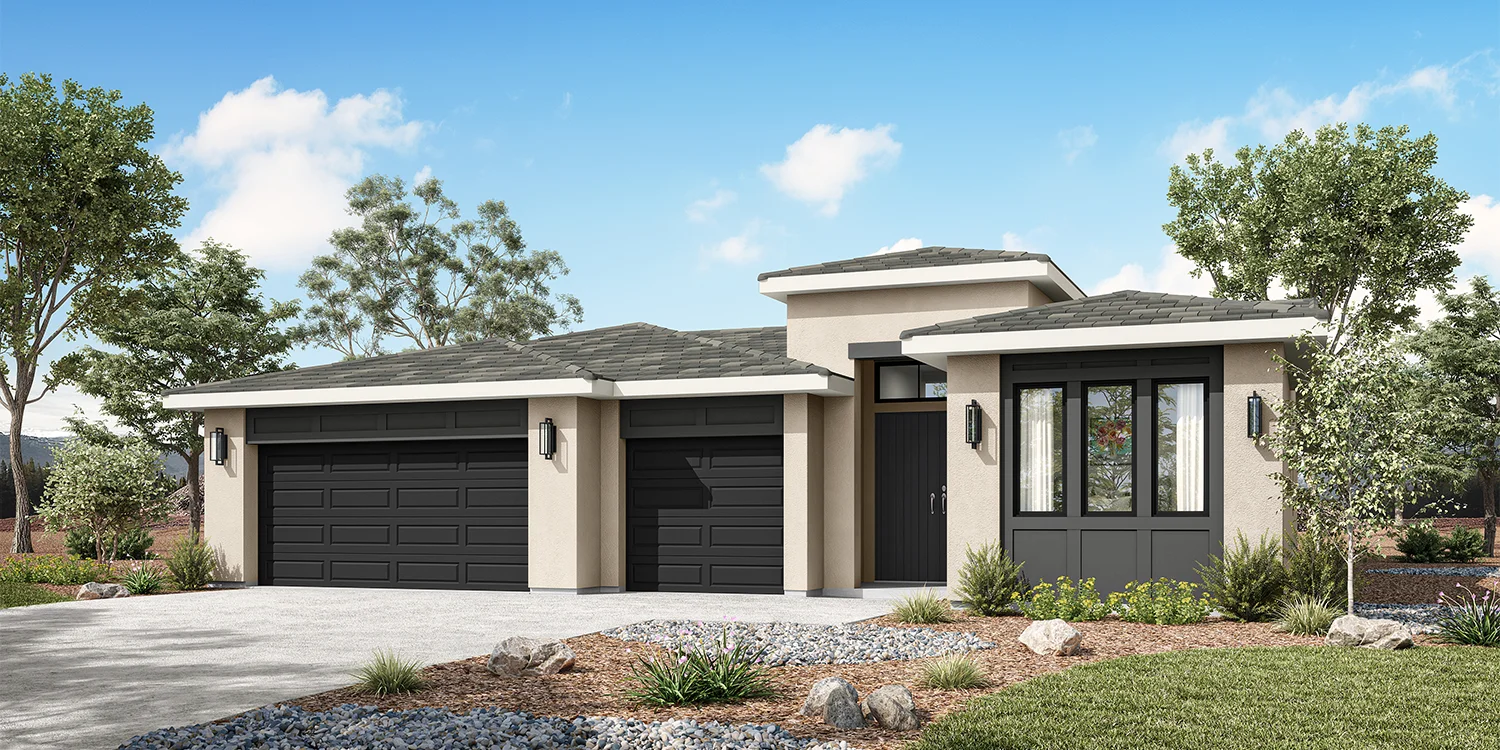 The Shasta contemporary elevation — clean-line modern exterior with large windows and minimalist facade