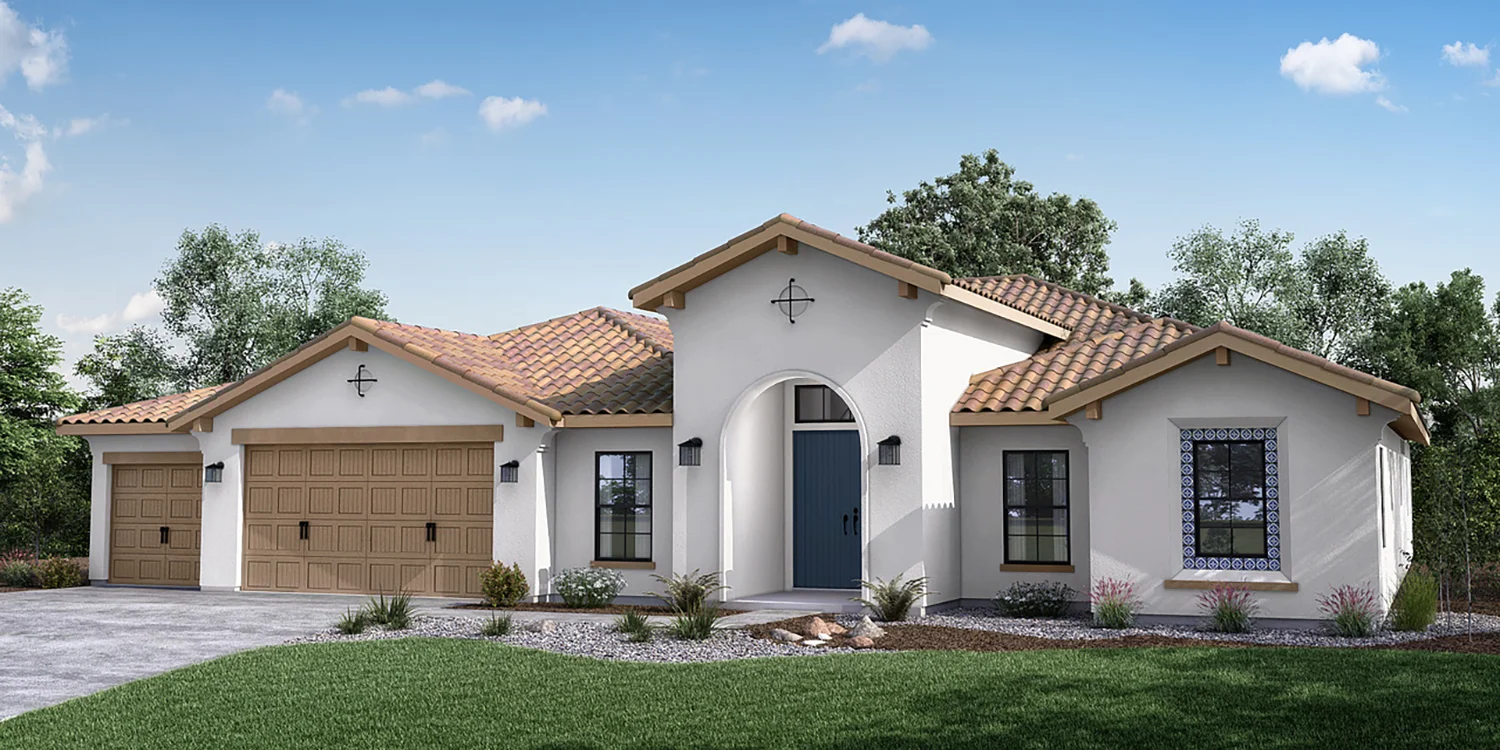 The Sonoma Spanish elevation — warm stucco exterior with arched entry, decorative tile accents, and clay tile roof