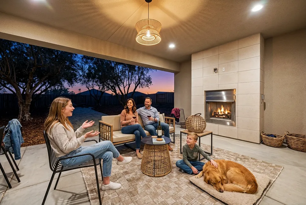 Family enjoying the covered patio and outdoor fireplace at a Vista Montaire model home at sunset